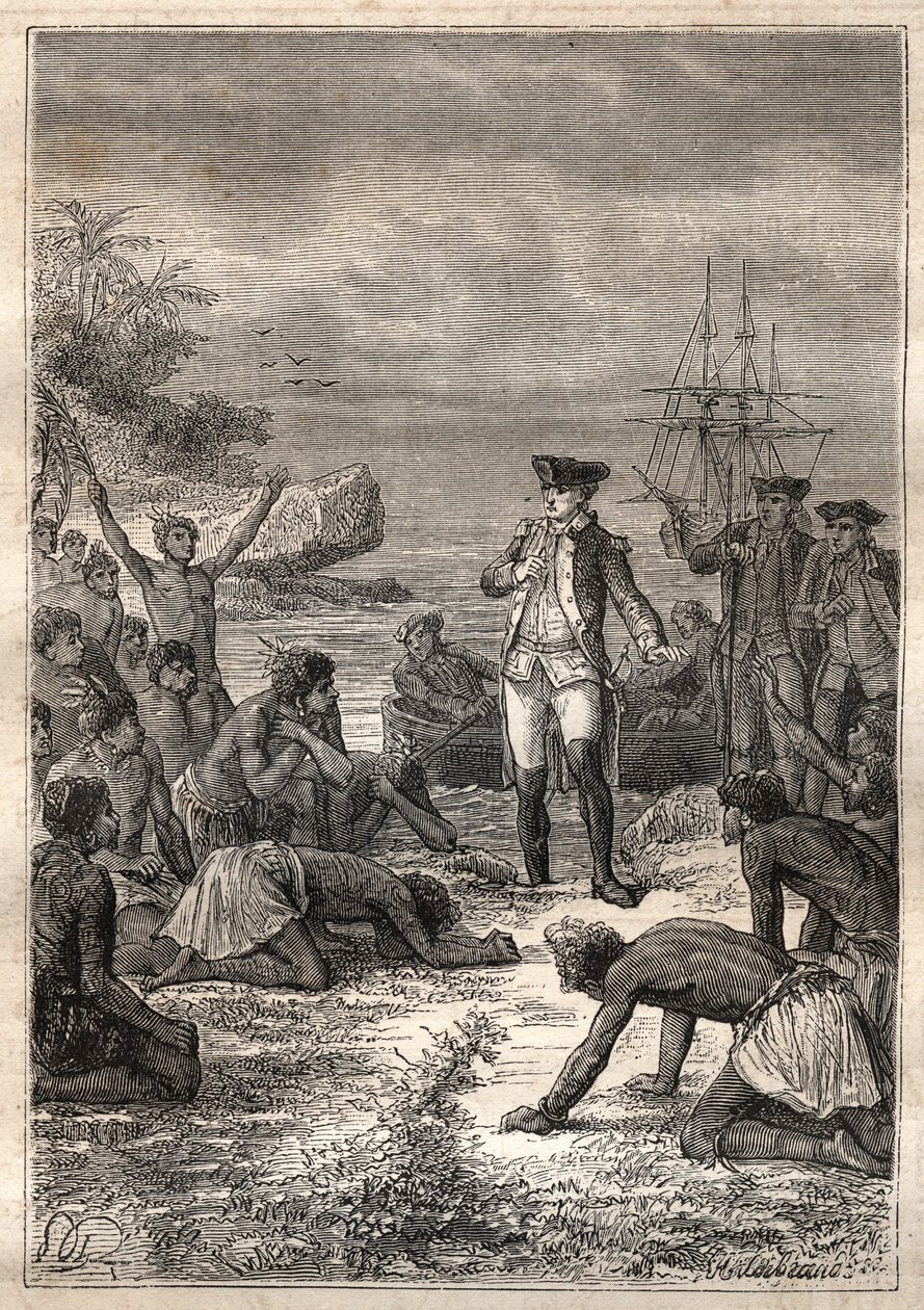 Trzecia podróż (1776-1779) kapitana Jamesa Cooka (1728-1779): Cook jest witany przez tubylców (Hawaje) - ilustracja zaczerpnięta z „Wielkich marynarzy XVIII wieku”” autorstwa Unknown artist
