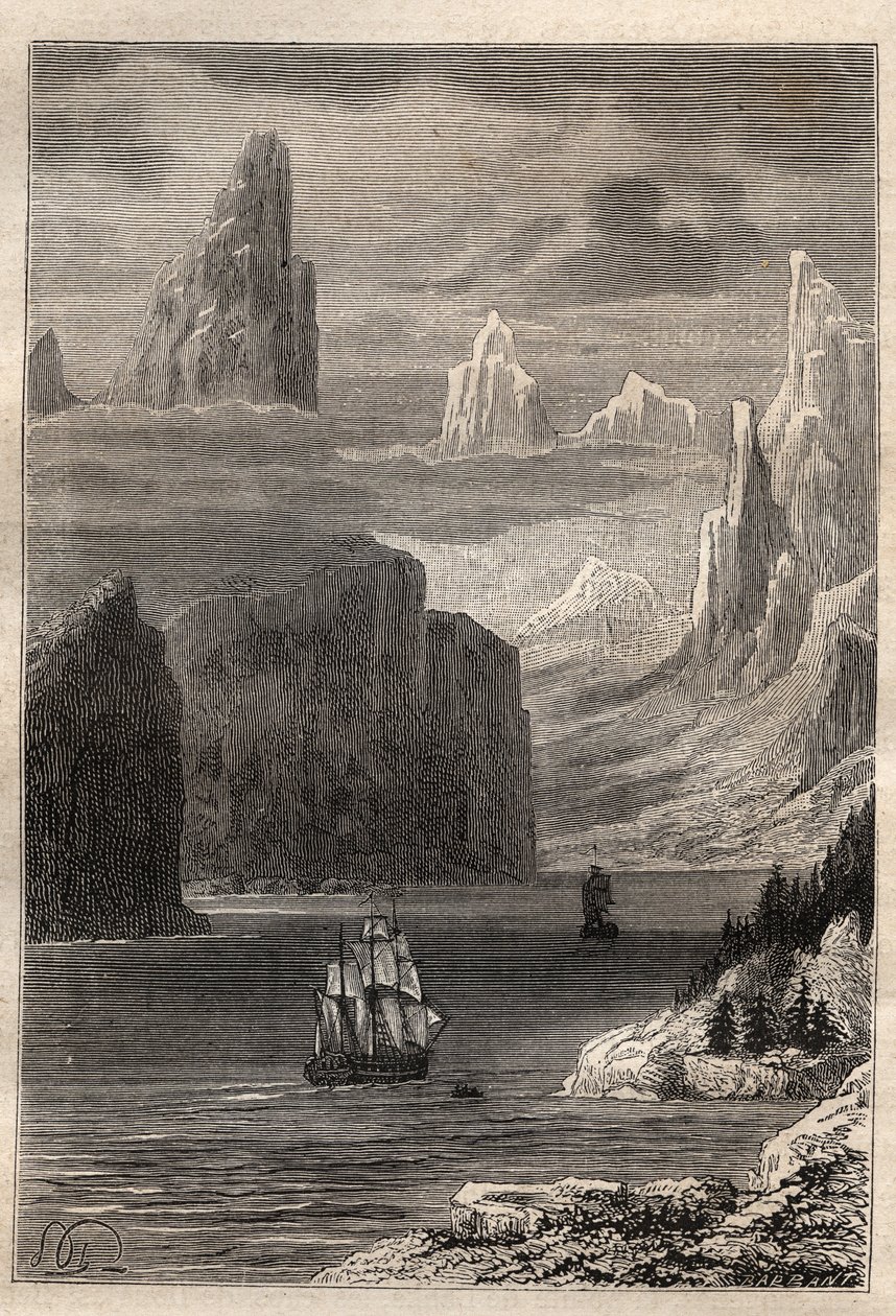 Trzecia podróż (1776-1779) kapitana Jamesa Cooka (1728-1779): Wejście księcia Williama (książę William) (Alaska) - ilustracja zaczerpnięta z „Wielkich marynarzy XVIII wieku”” autorstwa Unknown artist