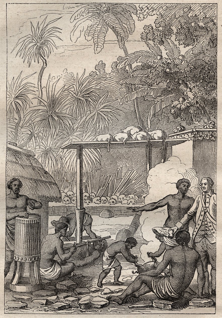 Trzecia wyprawa (1776-1779) kapitana Jamesa Cooka (1728-1779): ofiara z ludzi na Tahiti - ilustracja zaczerpnięta z „Wielkich marynarzy XVIII wieku”” autorstwa Unknown artist