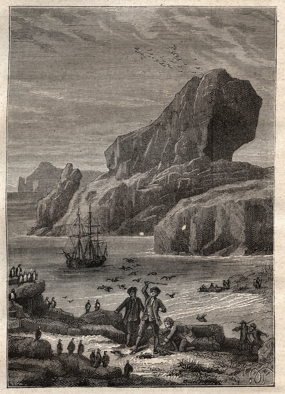 Trzecia podróż (1776-1779) kapitana Jamesa Cooka (1728-1779): wyspy Kerguelen (archipelag Kerguelen, Antarktyda) - ilustracja zaczerpnięta z „Wielkich marynarzy XVIII wieku”” autorstwa Unknown artist