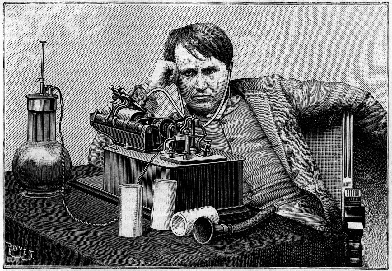 Thomas Edison (1847-1931), amerykański fizyk, w Nowym Jorku, słysząc pierwszy „fonogram” wysłany z Anglii. (Z fotografii przekazanej „La Nature” przez pułkownika Gourauda). Grawerowanie w „” La Nature: revue des sciences et de leurs applications aux arts autorstwa Unknown artist