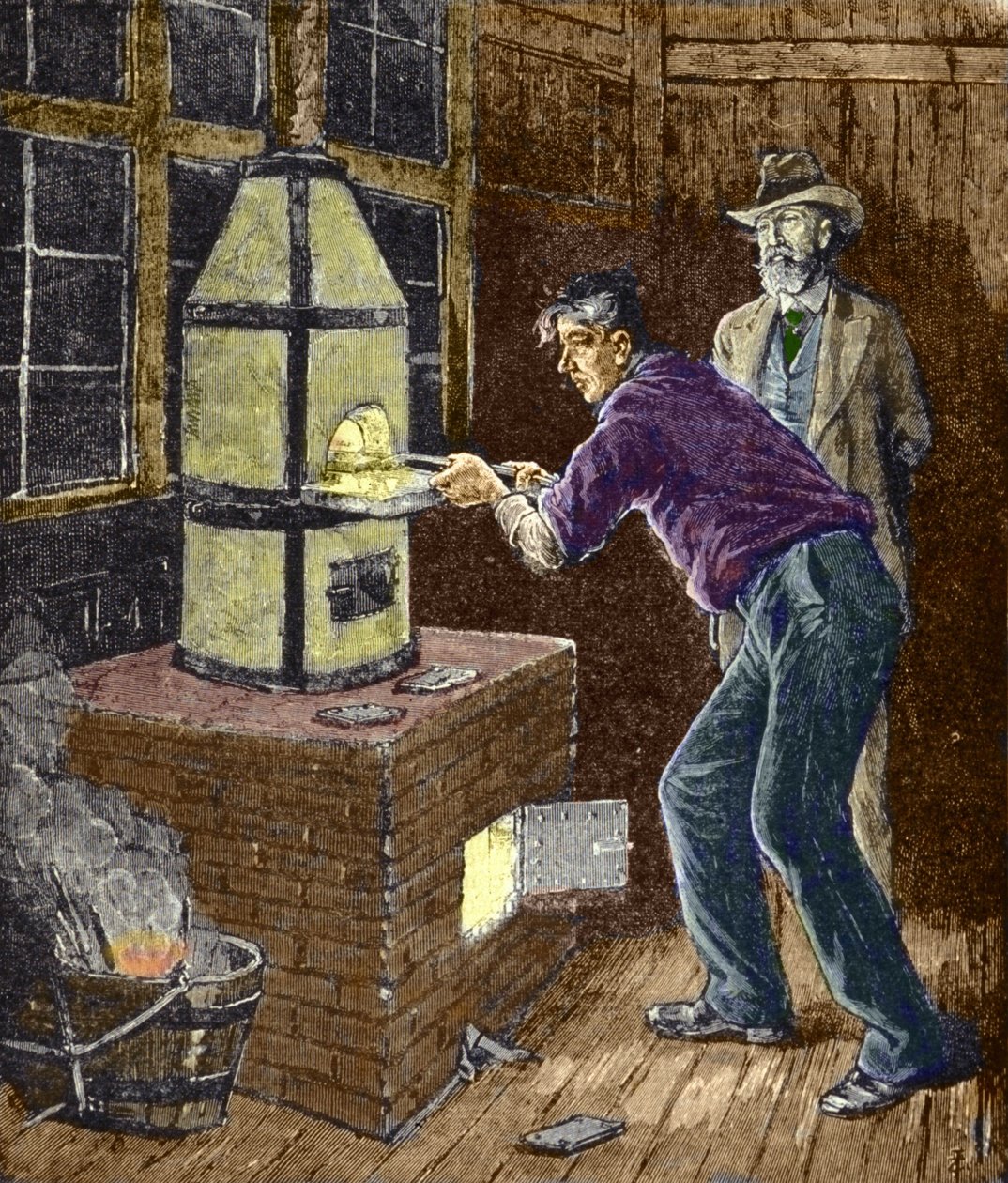Thomas Edison eksperymentował około 1879 roku z kalką do lampy żarowej. autorstwa Unknown artist