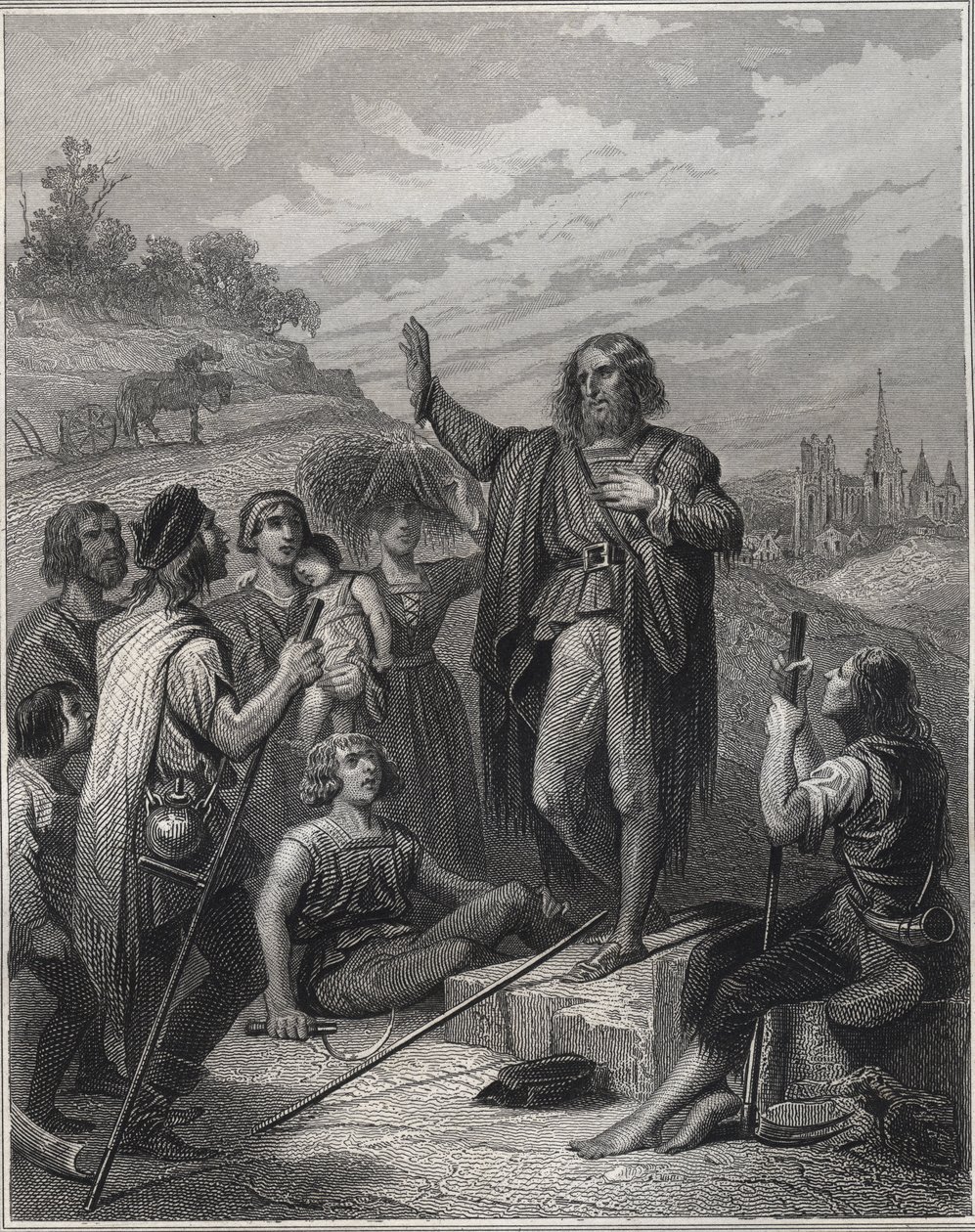 Thomas Muntzer Preaching - Thomas Muntzer (Munzer) (1489-1525) nauczający swojej doktryny - Grawerowanie w „Les Fastes Populaires, ou Histoire des heroic deeds du peuple et de son influence sur les sciences, les arts, l