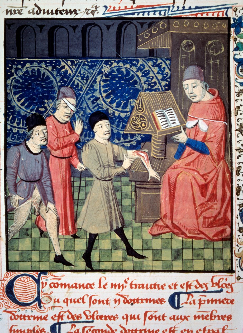 Trzech pacjentów z owrzodzeniami ramienia, oka i płci przed lekarzem. Miniatura z „”Surgery” (Folio 66) autorstwa Guy de Chauliac (1290? 1368). Rękopis z XV wieku. BN, Paryż autorstwa Unknown artist