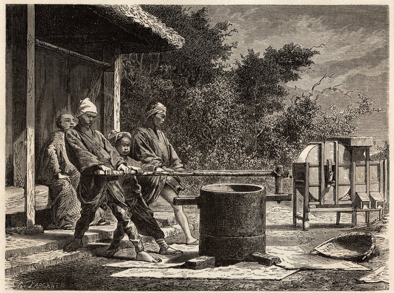 Trzech chłopów obsługujących młyn ryżowy. Rycina ilustrująca podróż do Japonii w latach 1863-1864, autorstwa Aime Humberta, ministra Konfederacji Szwajcarskiej, w „Le tour du monde, nouveau journal des voyages”, wydanej pod kierunkiem Edouarda Chartona autorstwa Unknown artist