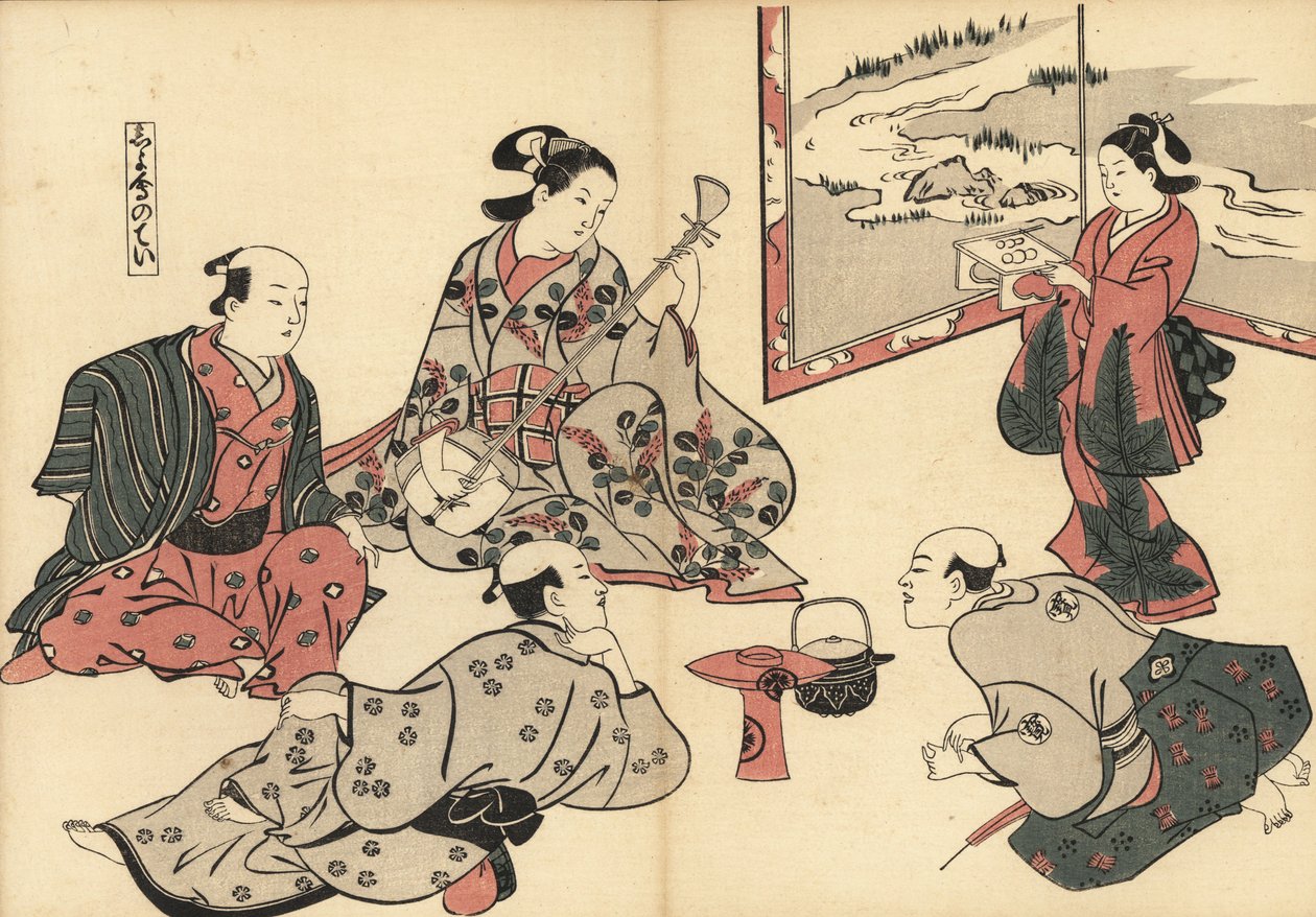 Trzech samurajów słucha, jak kurtyzana gra na shamisenie, podczas gdy kamuro przynosi jedzenie na tacy. Drzeworyt Masanobu Okumury (1686-1764) z Fuzoku Emakimono, Picture Scroll of the Water Trade, Tokio, przedruk ok. 1880 r. autorstwa Unknown artist