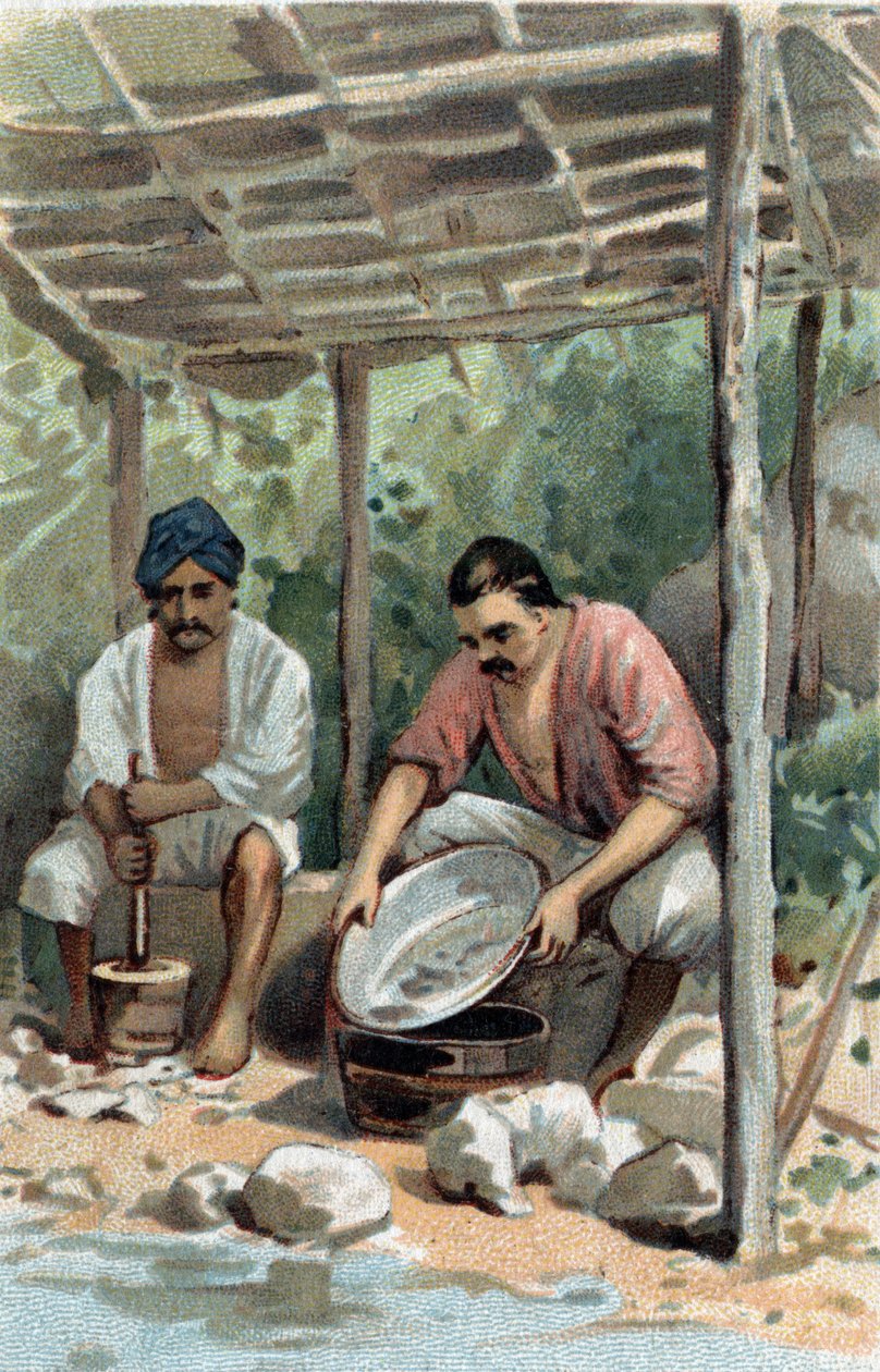 Płuczki do cyny w Malakce (Malakka), Malezja. Chromolitografia z końca XIX wieku. autorstwa Unknown artist