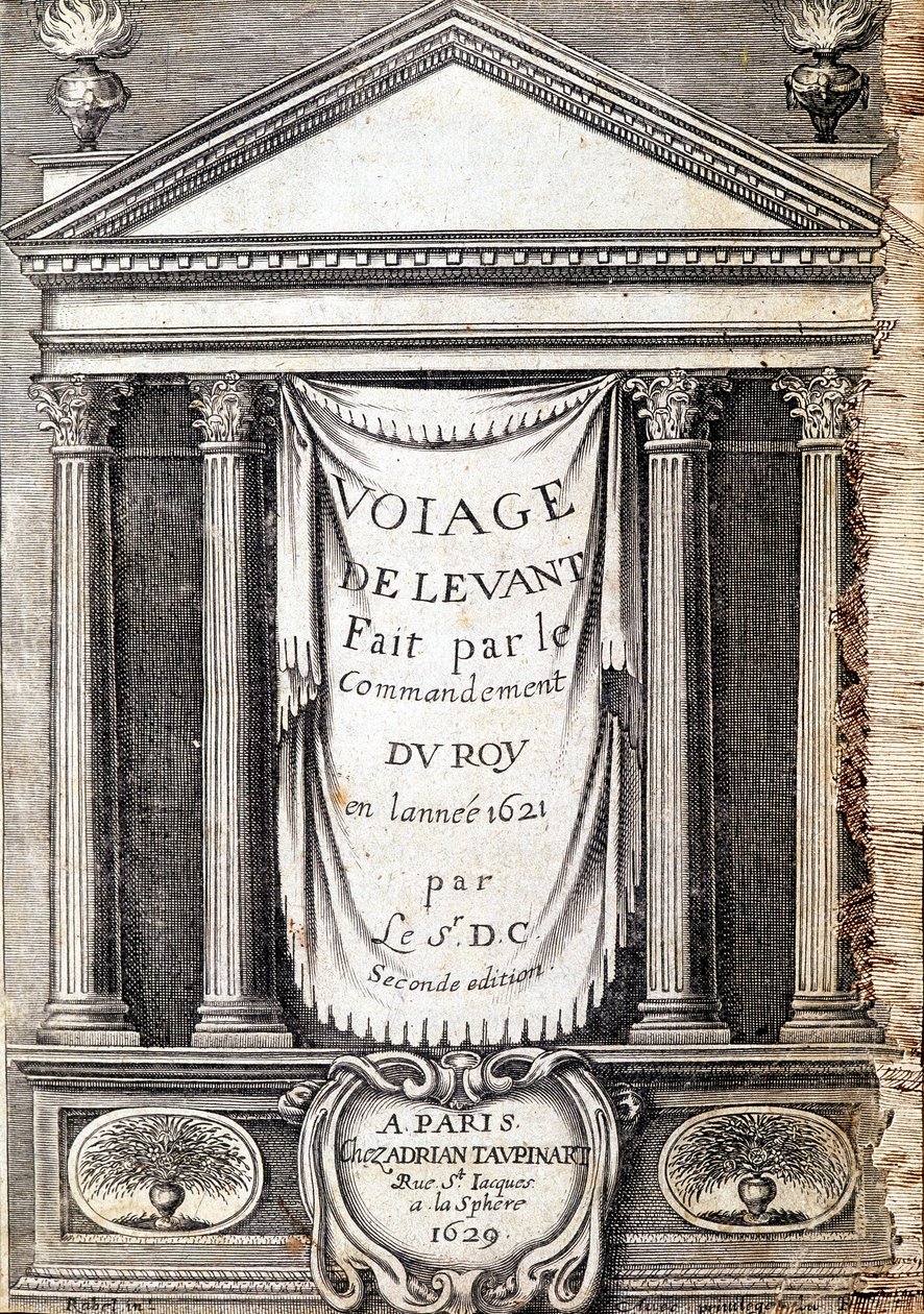 Strona tytułowa „Podróży de levant odbytej na polecenie króla w roku 1621””, wydanej w 1629 r. (za Ludwika XIII Le Juste) autorstwa Unknown artist