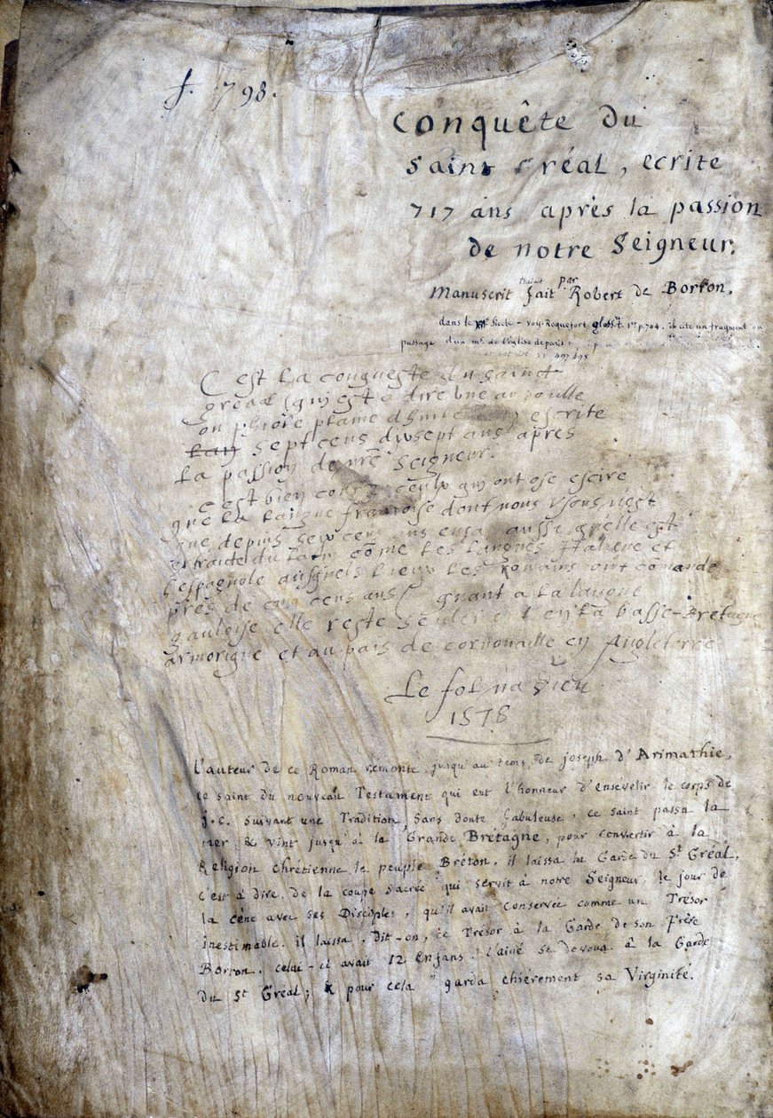 Strona tytułowa rękopisu: Conquest of the Saint Gréal, napisany 717 lat po męce naszego Pana. Bibliotheque Municipale de Rennes, ms. 255 (Zbiór powieści Okrągłego Stołu); Paryż autorstwa Unknown artist