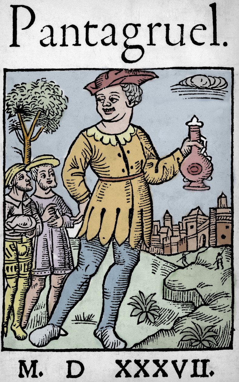 Strona tytułowa wydania Pantagruela z 1537 r., autorstwa Francois Rabelais - Olbrzymi Pantagruel i dwóch jego apostołów, z „Uczniostwa Pantagruela” autorstwa Unknown artist