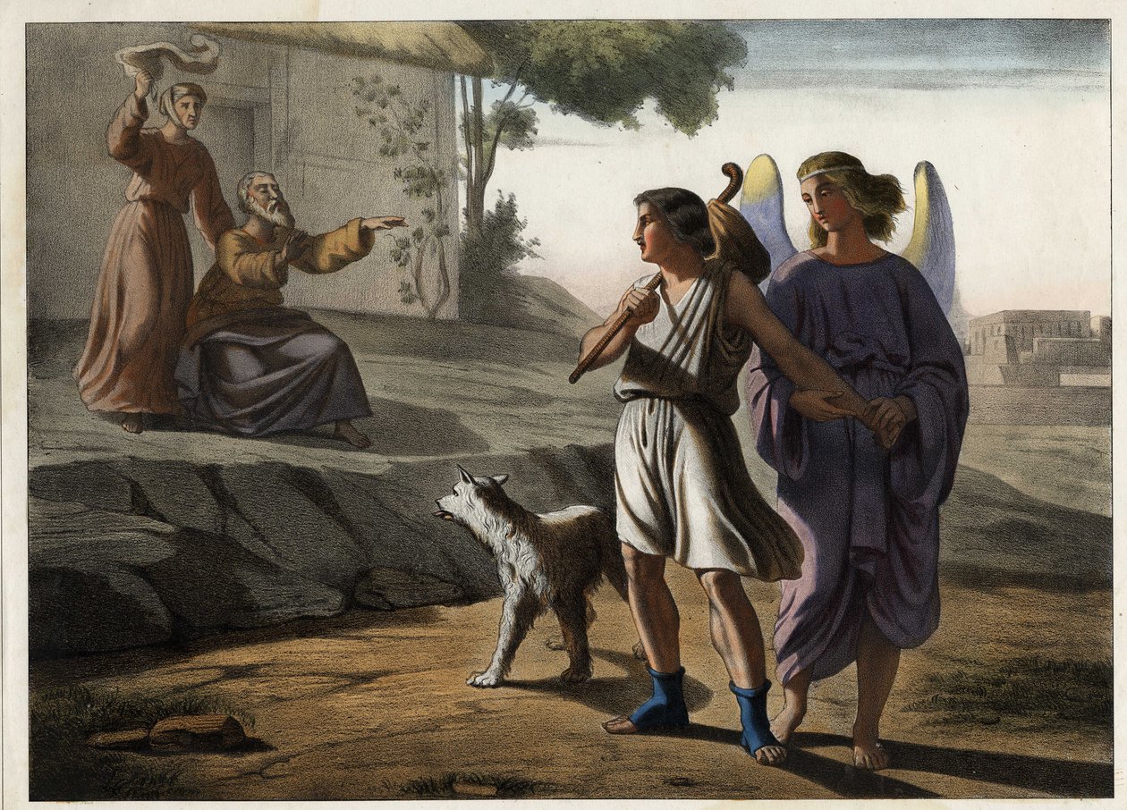 Odejście Tobiego w towarzystwie anioła (pozdrawiają go rodzice, w tym Tobit, jego ojciec). Anonimowy rycina z połowy XIX wieku. autorstwa Unknown artist