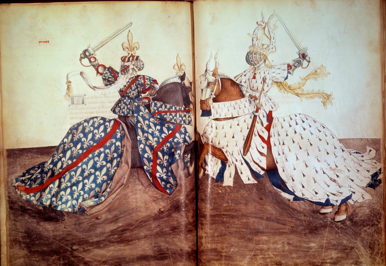 Turniej: Gra w lorda wzywającego i lorda pozwanego (twarz księcia Bretanii i księcia Burbonu). Rękopis „”Księga turniejów”” (Folio 32v - folio33) autorstwa Rene d