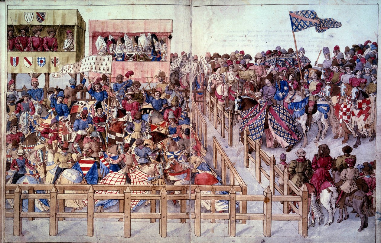 Turniej: Wirujący rycerze składają przysięgę w zawodach przed trybunami panów. Miniatura w „Traite desturniejs”” autorstwa Unknown artist