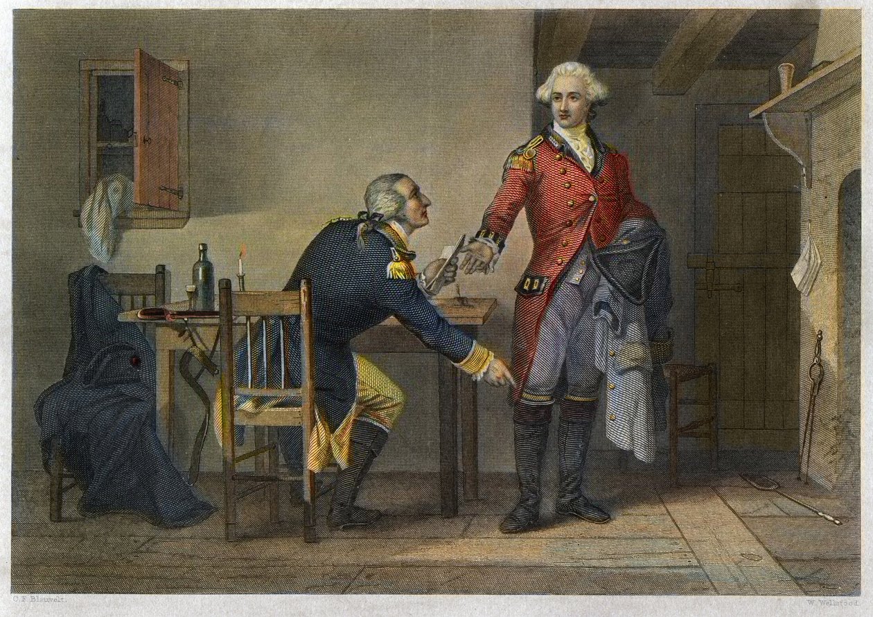 Trahison of Arnold - Wojna o niepodległość lub rewolucja amerykańska (1775-1783) - Benedict Arnold (1741-1801) zdołał przekonać majora Johna Andre (1750-1780) do ukrycia planów West Point w swoim bucie podczas spotkania w dniu 21 września 1780. autorstwa Unknown artist