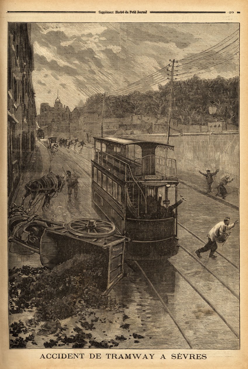 Wypadek tramwajowy w Sevres, szkody materialne, ale bez obrażeń. Grawerowanie w „”Le petit journal”” 24.01.201897. Kolekcja Selva. autorstwa Unknown artist