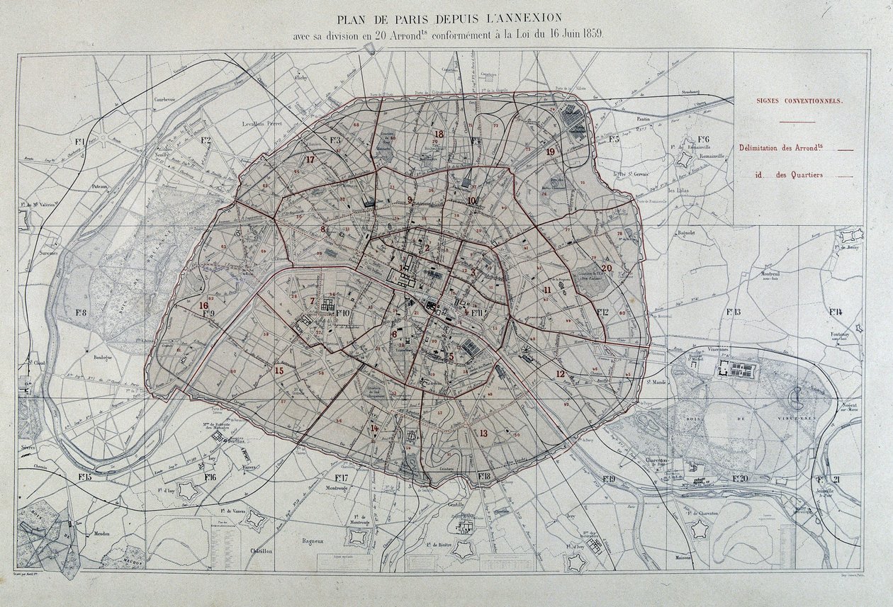 Przemiany Paryża w okresie II Cesarstwa, Haussman Paris. Mapa Paryża od czasów aneksji z podziałem na 20 okręgów, zgodnie z ustawą z dnia 16 czerwca 1859 r. - w „Atlasie administracyjnym okręgów miasta Paryża” autorstwa Unknown artist
