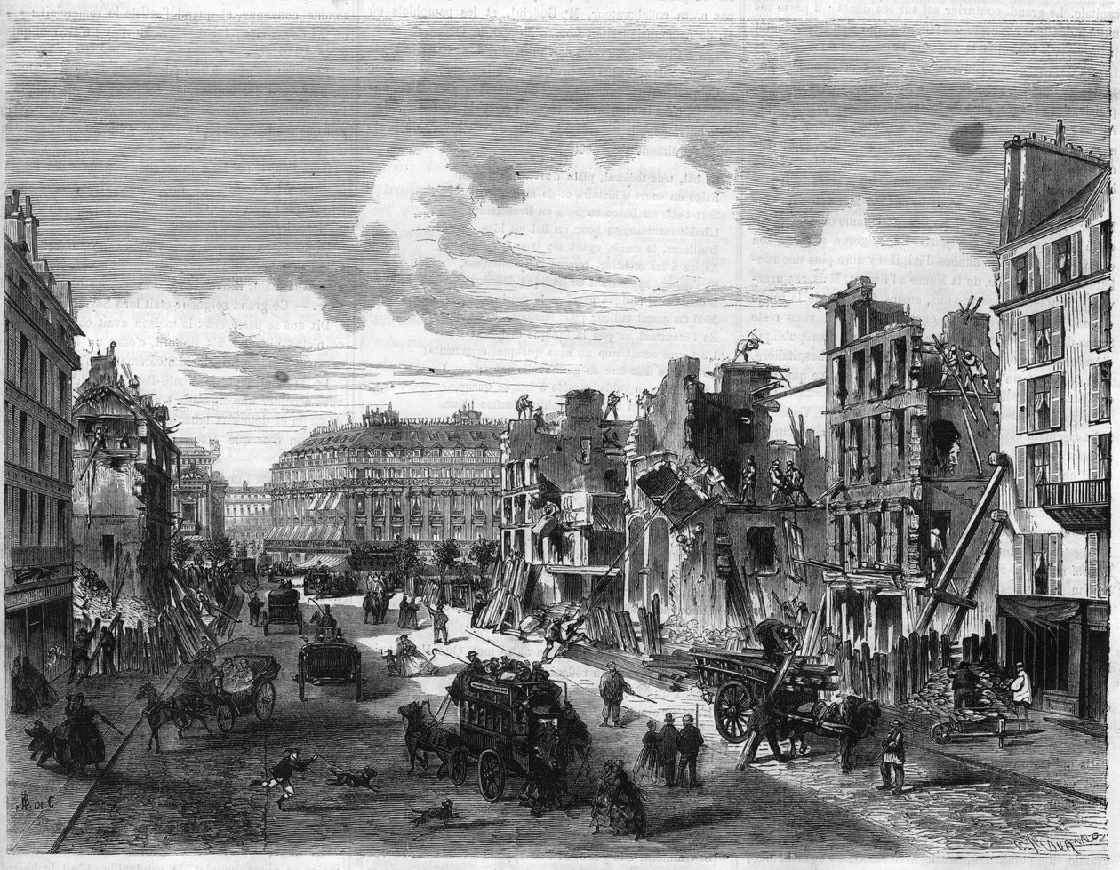 Przemiany Paryża w okresie II Cesarstwa, Paris Haussmann (Boulevard, prace Haussmanna): rozbiórka Rue de la Paix w celu otwarcia Rue Reaumur. Grawerowanie w „”Wspaniałym wszechświecie”” autorstwa Unknown artist