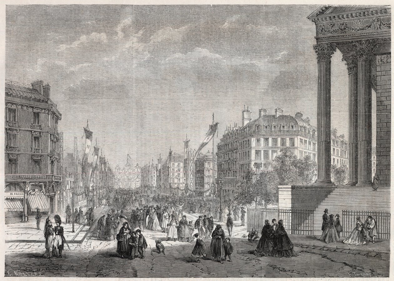 Przemiany Paryża pod II Cesarstwem, Paris Haussmann: dekoracja bulwaru Malesherbes, w dniu jego inauguracji 13 sierpnia 1861 - Grawerowanie „” Le Monde Illustré” autorstwa Unknown artist