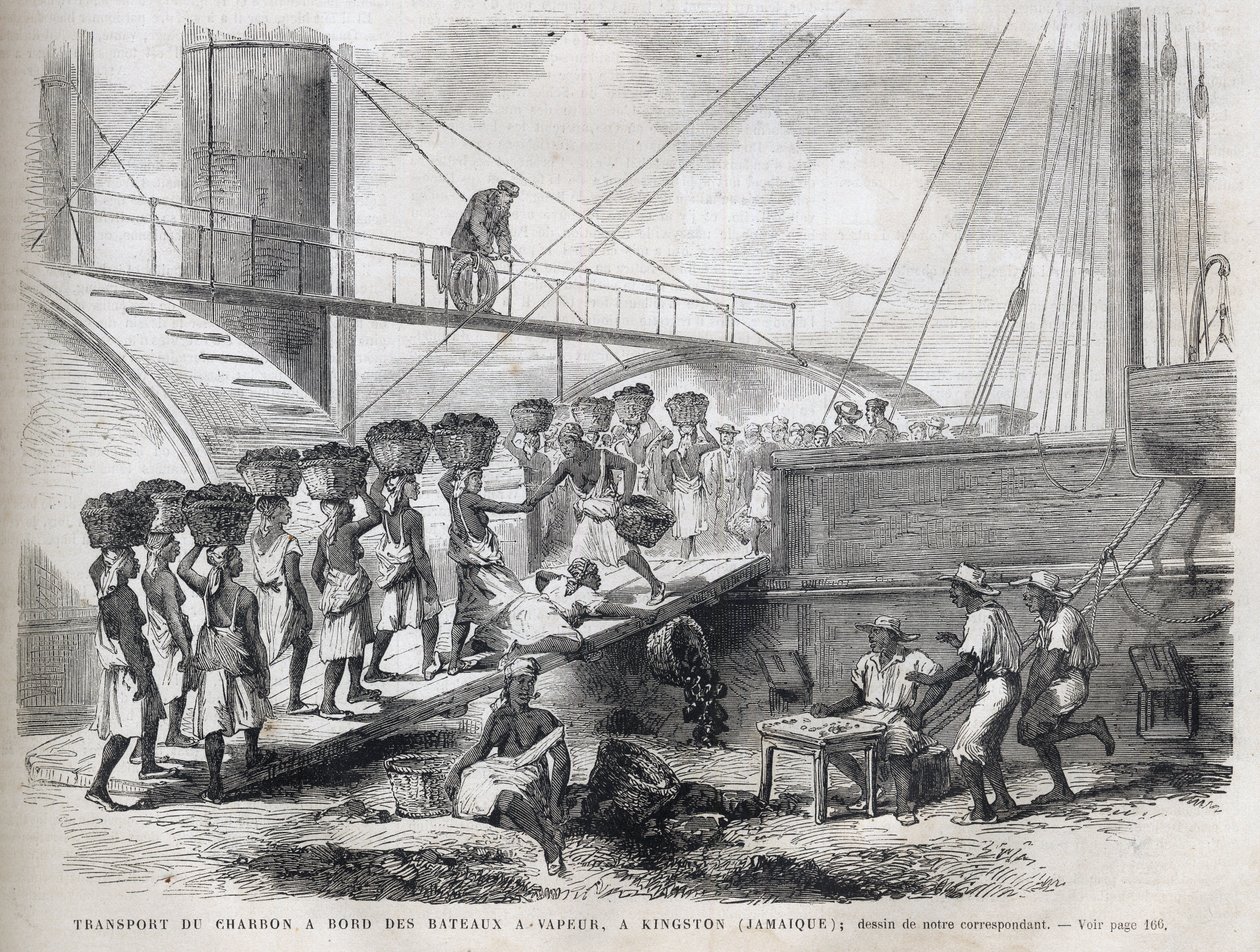 Transport węgla na pokładzie statków parowych w Kingston (Jamajka) - Załadunek węgla w Kingston - Jamajka - 1866 Grawerowanie z „” The Illustrous Universe”” 1866 autorstwa Unknown artist