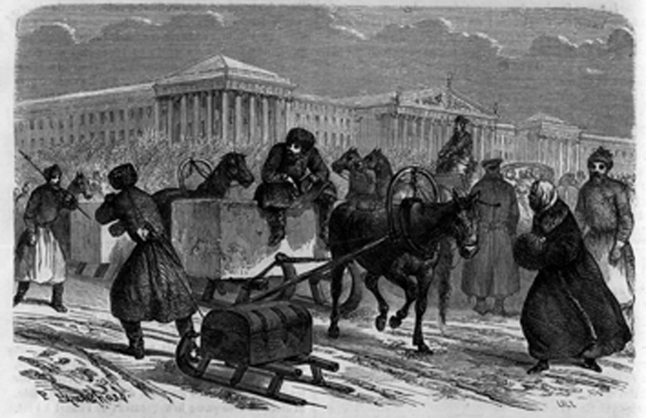Transport lodu w St. Petersburgu w Rosji. Grawerowanie w „Dzienniku młodzieży” autorstwa Unknown artist