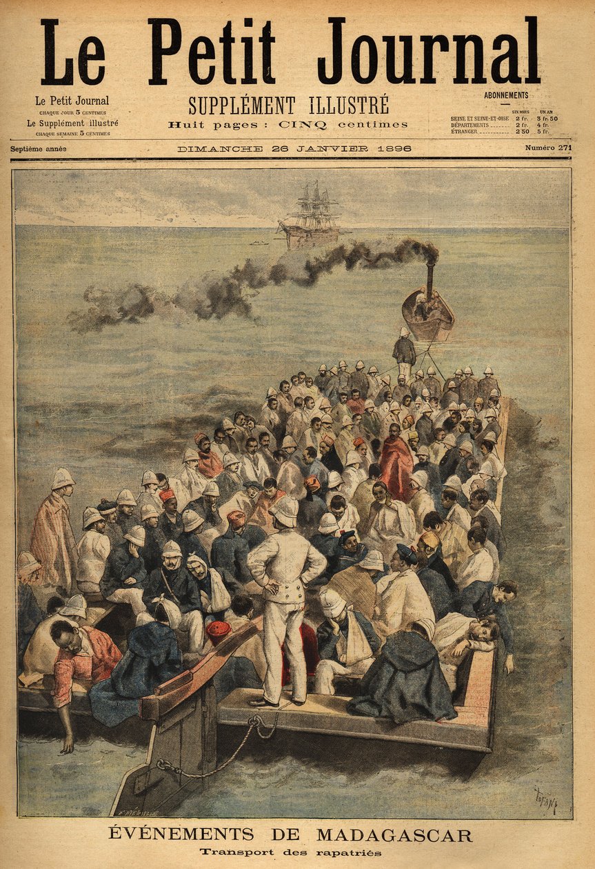 Transport rannych drapieżników z Madagaskaru. Grawerowanie w „”Le petit journal”” 26.01.201896. Kolekcja Selvy. autorstwa Unknown artist