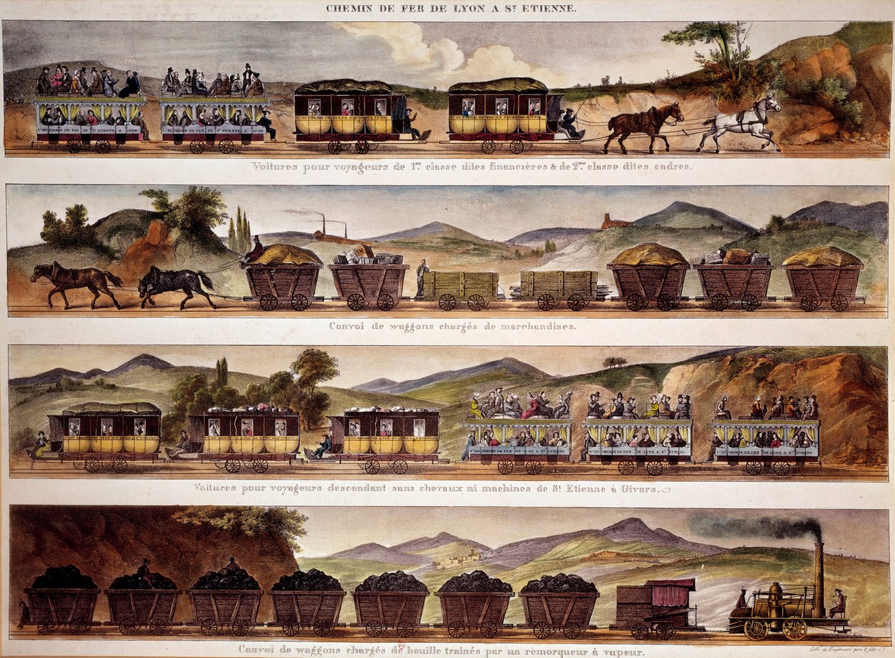 Transport: reprezentacja pociągów towarowych i pasażerskich z Saint Etienne do Lyonu. XIX-wieczny Paryż, B.N. autorstwa Unknown artist
