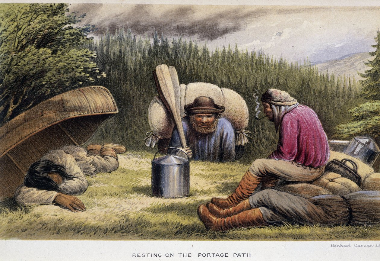 Transport żywności: „”odpoczywający na ścieżce portage”” – w „Eksploracji półwyspu Labrador”, autorstwa Hind, Henri Youle autorstwa Unknown artist