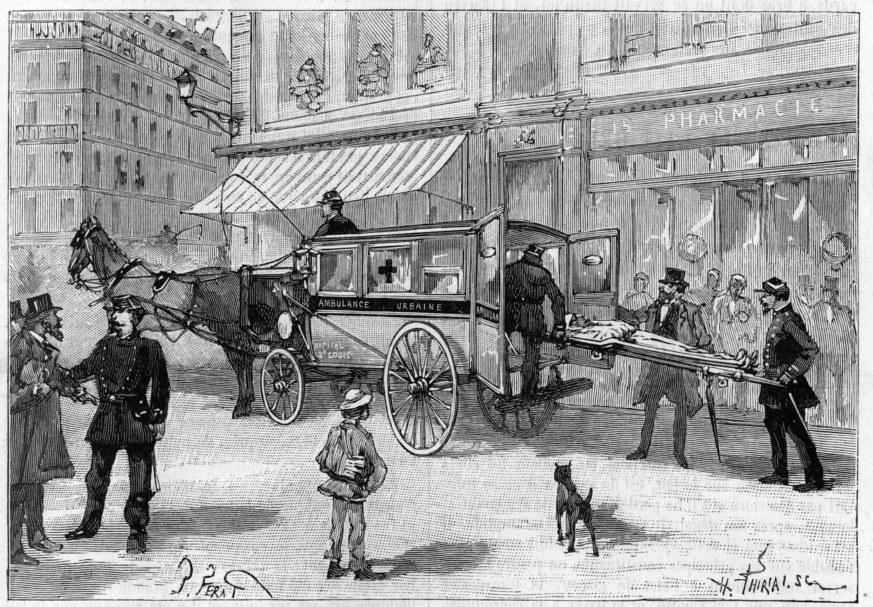 Transport poszkodowanego samochodem paryskiej karetki pogotowia. Grawerowanie w „” Naturze. Przegląd nauki i jej zastosowań w sztuce i przemyśle. autorstwa Unknown artist