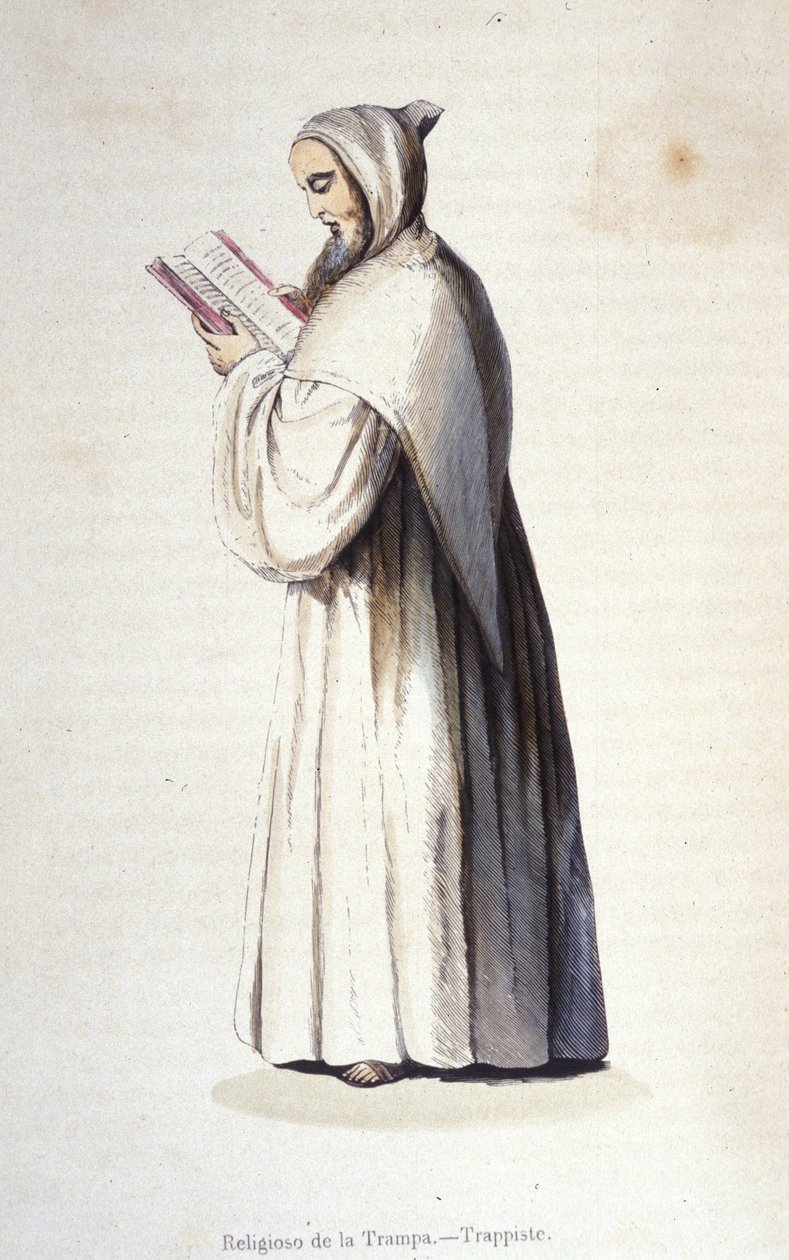 Mnich trapistów, zakon Citeaux przestrzegający zreformowanych rządów Trappe ustanowionych w 1664 r. przez Rance. Rycina XIX wieku. autorstwa Unknown artist