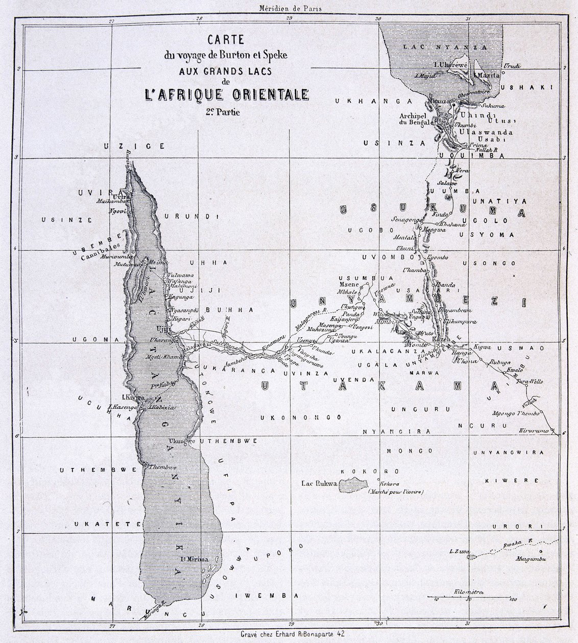 Mapa podróży Richarda Francisa Burtona, brytyjskiego odkrywcy (1821-1890) i Speke do Wielkich Jezior Afryki Wschodniej 1857-59 - w Tour du Monde autorstwa Unknown artist