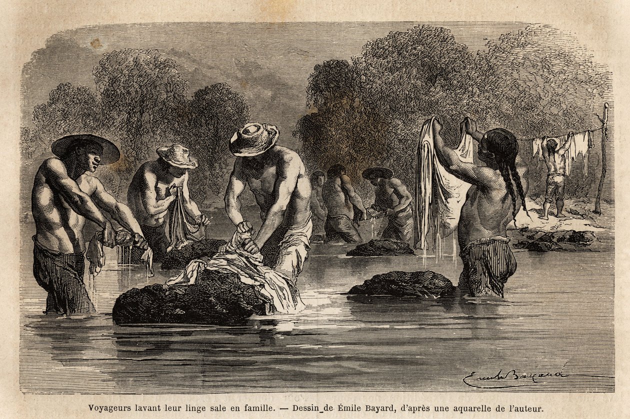 Podróżnicy piorący brudną bieliznę w rzece, wraz z peonami boliwijskimi, w okolicach Maniri (Dolne Peru). Engravure pour illustrrer le voyage dans les vallees de Quinquinas, Paul Marcoy, w latach 1849-1861, opublikowany w „Le tour du monde”” 18 autorstwa Unknown artist