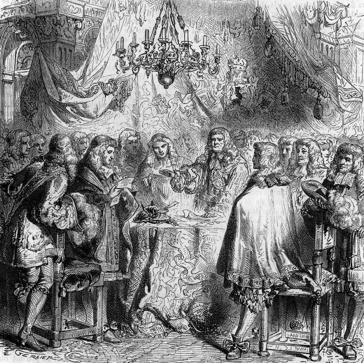 Traktuj Aix Kaplicę. Podpisany 2 maja 1668 r. między Francją a Hiszpanią zakończył wojnę dewolucyjną i oddał Flandrię Francji. Grawerowanie z 1866 roku. autorstwa Unknown artist