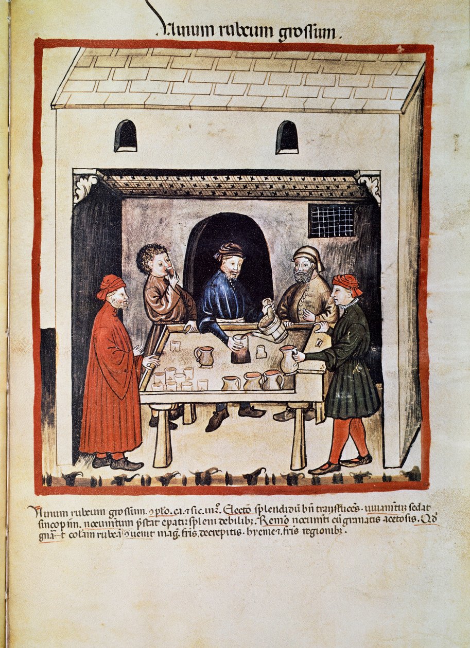 Poczęstuj lekarza: „”czerwone wino, grupa mężczyzn w tawernie pije wino”” Strona zaczerpnięta z „”Tacuinum sanitatis”” (Cod. ser. nov. 2644) Około 1400 Wiedeń, Osterreischische Nationalbibliothek autorstwa Unknown artist