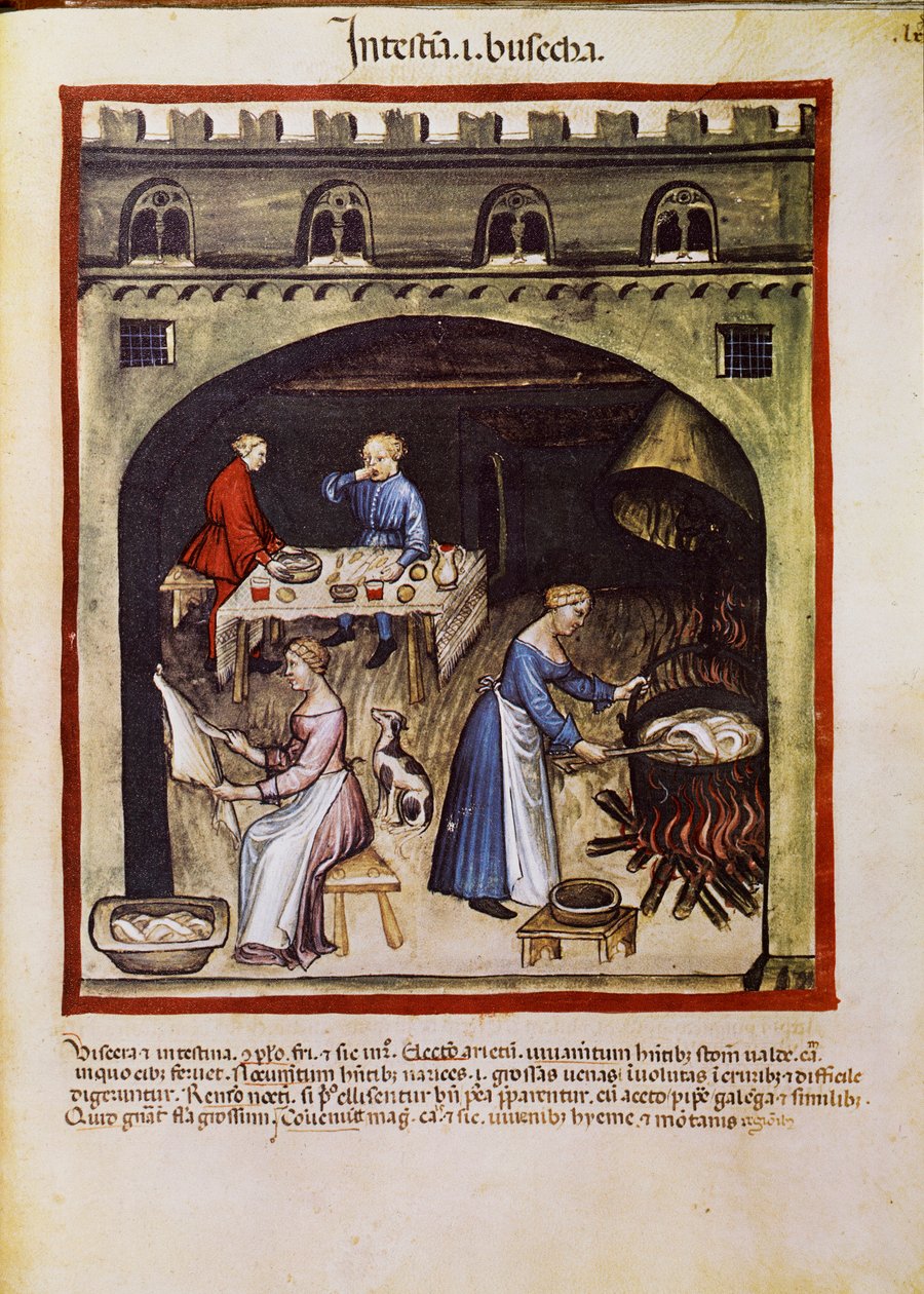 Traktuj lekarstwo: „”gotowanie wnętrzności i wnętrzności zwierząt”””. Strona zaczerpnięta z „”Tacuinum sanitatis”” (Cod. ser. nov. 2644) Około 1400 Wiedeń, Osterreichische Nationalbibliothek autorstwa Unknown artist