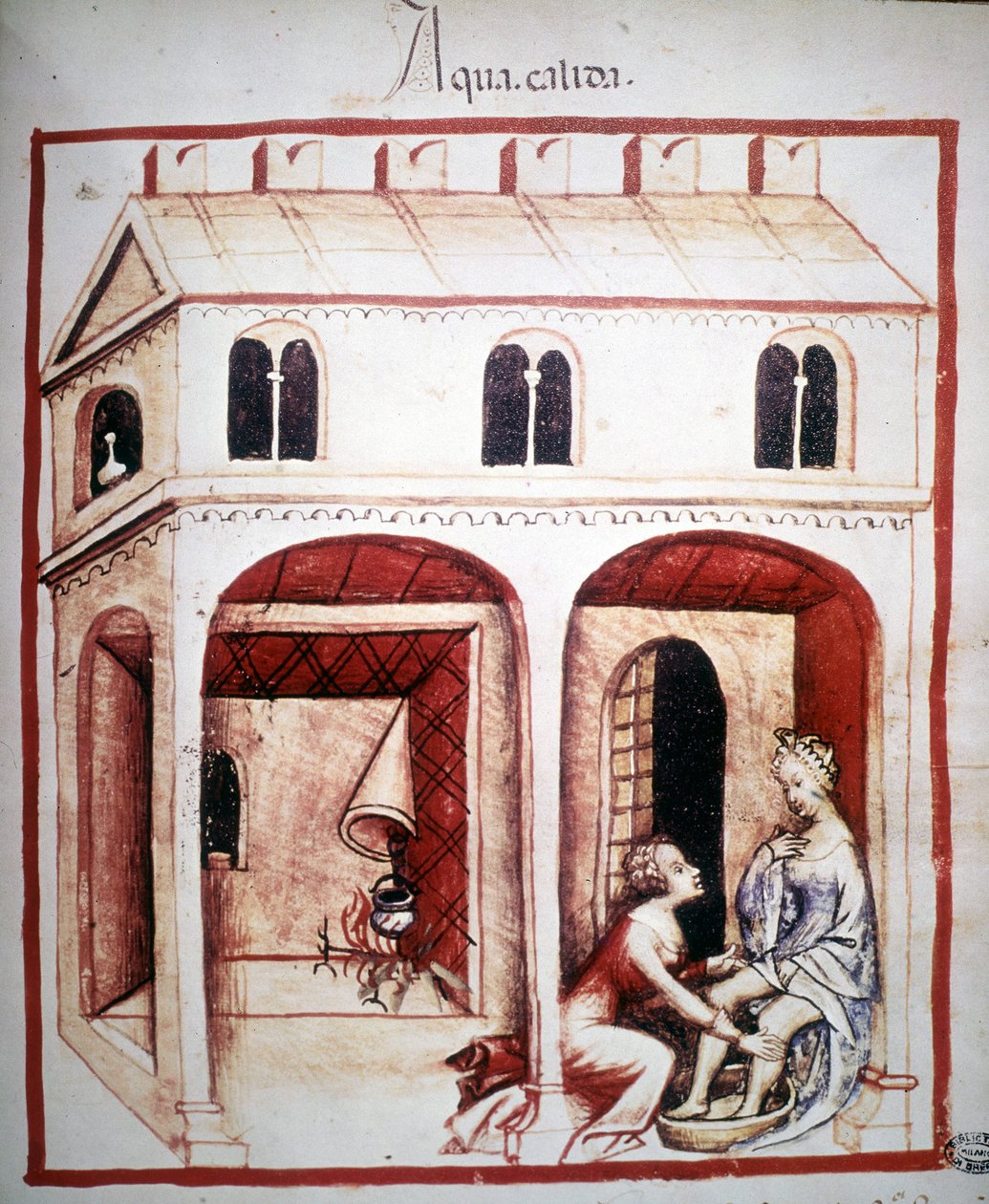 Traktat o medycynie „”Tacuinum sanitatis”” XIV wiek: stosowanie gorącej wody. BN, Wiedeń. autorstwa Unknown artist
