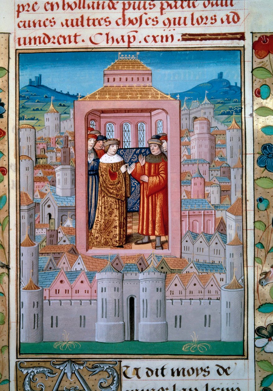 Traktat Conflans z 5/10/1465 pomiędzy królem Ludwikiem XI a Karolem de Charolais (później Karol Temeraire kończący bunt szlachty lub Ligę Dobra Publicznego. Miniatura z „Les Chroniles de Monstrelet” Enguerranda de Monstrelet (1400-1453) XV wiek autorstwa Unknown artist