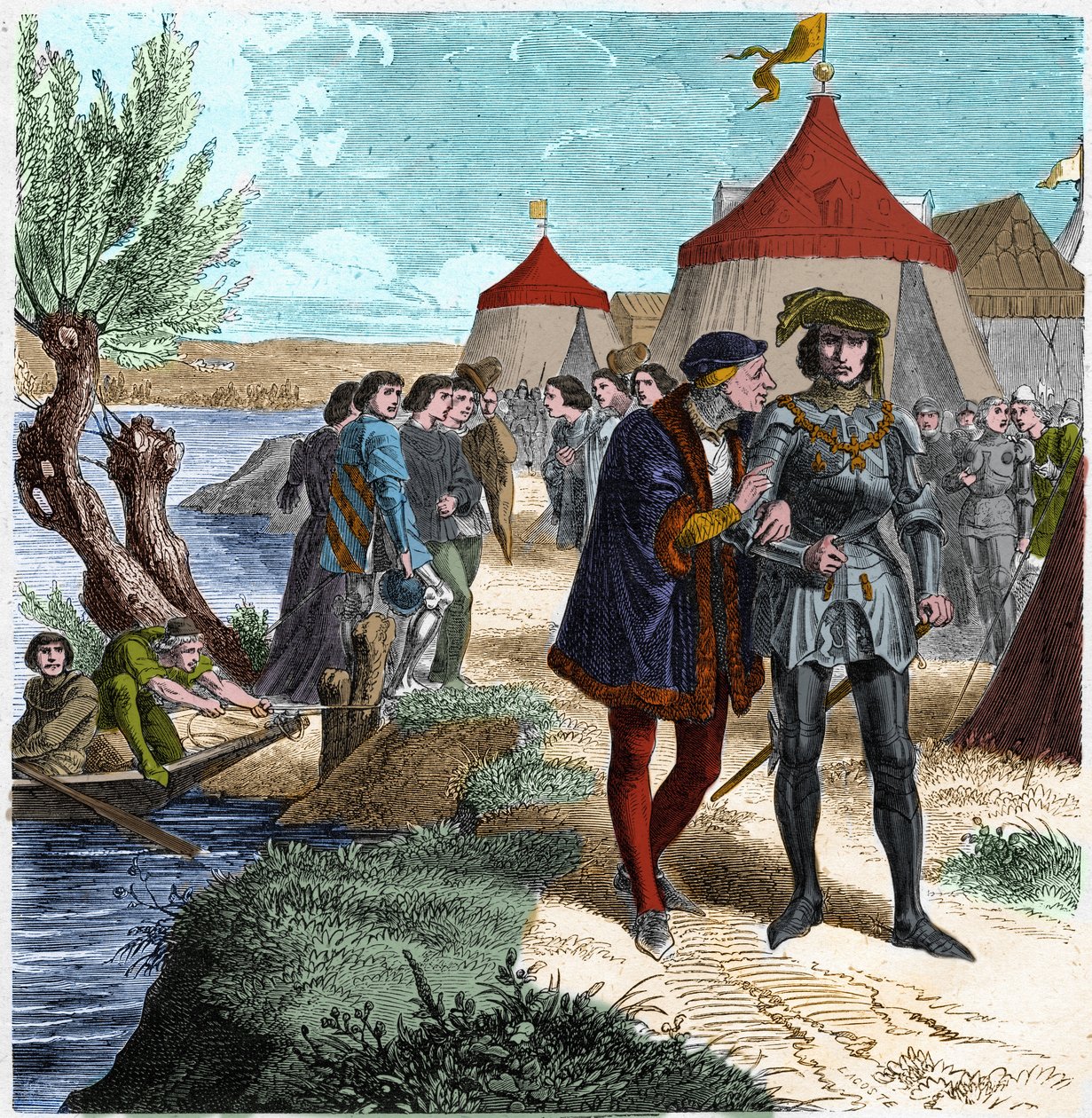 Traktat Conflans z 5/10/1465 pomiędzy królem Francji Ludwikiem XI a Karolem de Charolais (później Karol Temeraire) kończący bunt szlachty lub Ligę Dobra Publicznego. Grawerowanie w „” Histoire De France En Cent Paintings autorstwa Paula Lehugeura „” 1891. autorstwa Unknown artist