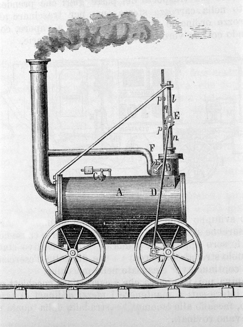 Lokomotywa Trevithick. Grawerowanie z XIX wieku. autorstwa Unknown artist