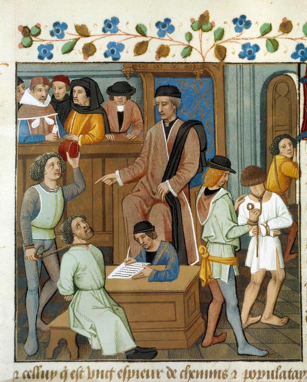 Scena rozprawy: sędzia przesłuchuje skazańca z liną na szyi. Miniatura z rękopisu. XV-wieczny Paryż, B.N. autorstwa Unknown artist