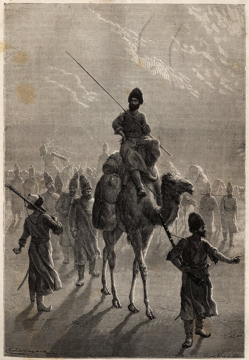 Więźniowie tureccy wywiezieni do Teheranu w celu handlu urazami lub wymiany na innych więźniów. Rycina ilustrująca historię Henri de Blocqueville „14 mois de captivite chez les turcomans” w latach 1860-1861 w „Le tour du mo autorstwa Unknown artist