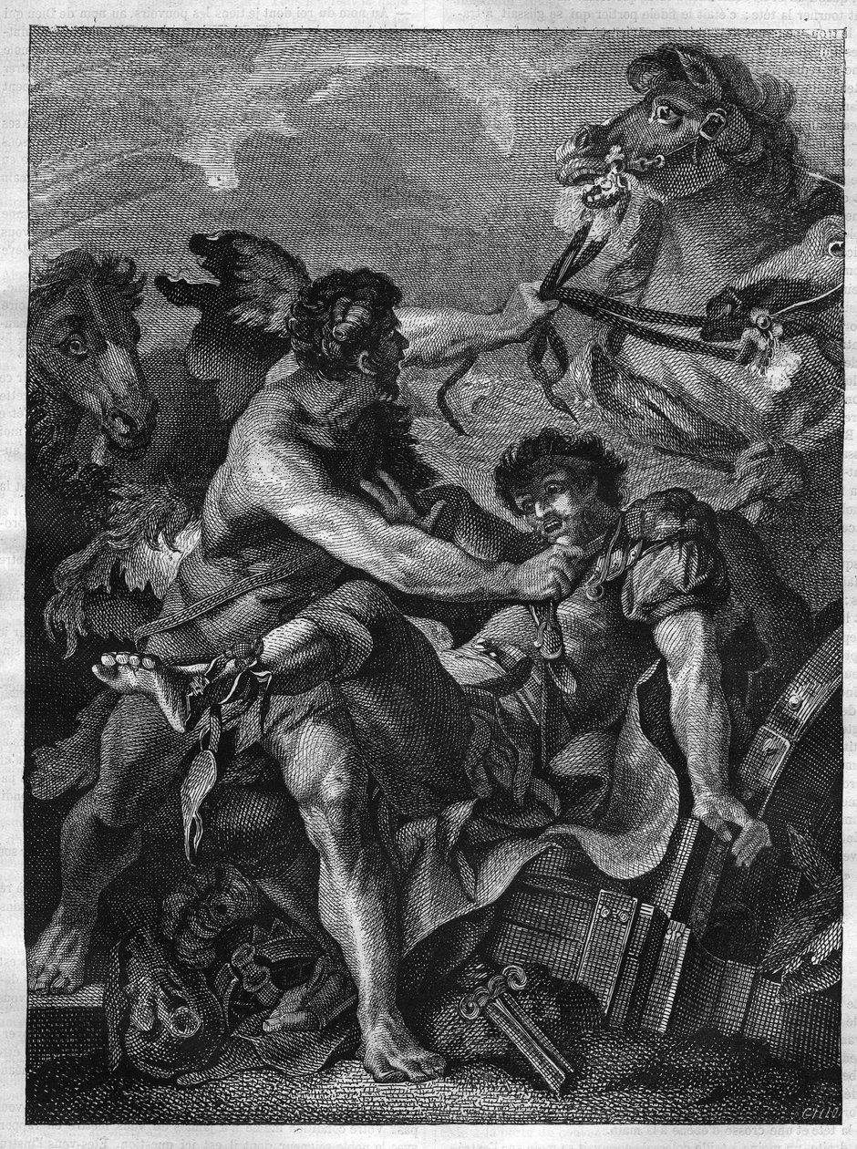 Dwanaście dzieł Herkulesa: Diomede zabija Herkulesa i zjada własne konie. grawerowanie po obrazie Jean-Baptiste-Marie (Jean Baptiste Marie) Peter. (1714-1789) autorstwa Unknown artist
