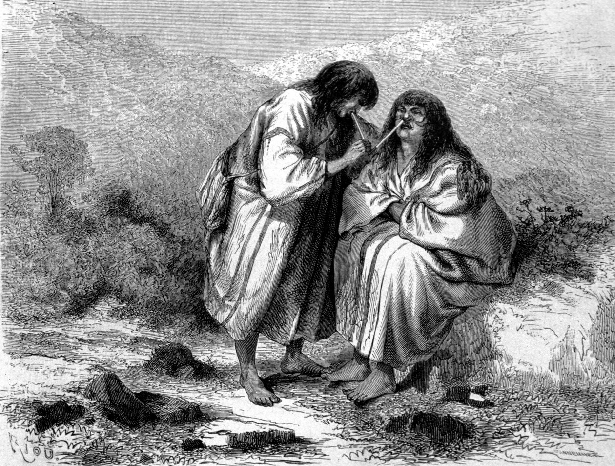 Dwóch indio z Peru zażywających tytoń. Grawerowanie z XIX wieku. autorstwa Unknown artist