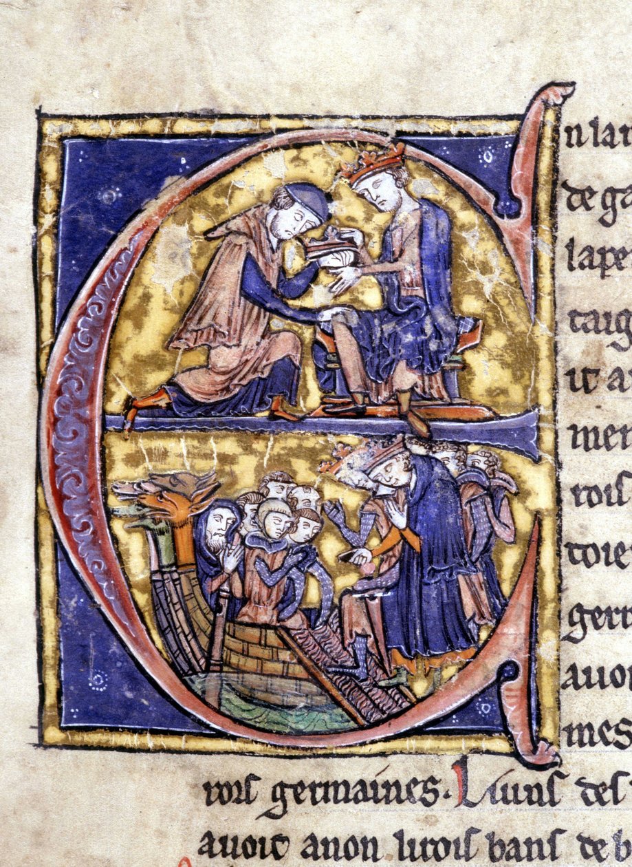 Dwóch królów Bretanii: Bans de Berroye (ojciec Lancelota) i Boorz de Gaune. Rękopis: Zdobycie Świętego Graala, napisany 717 lat po męce naszego Pana. Bibliotheque Municipale de Rennes, ms. 255 (Zbiór powieści Okrągłego Stołu); P autorstwa Unknown artist