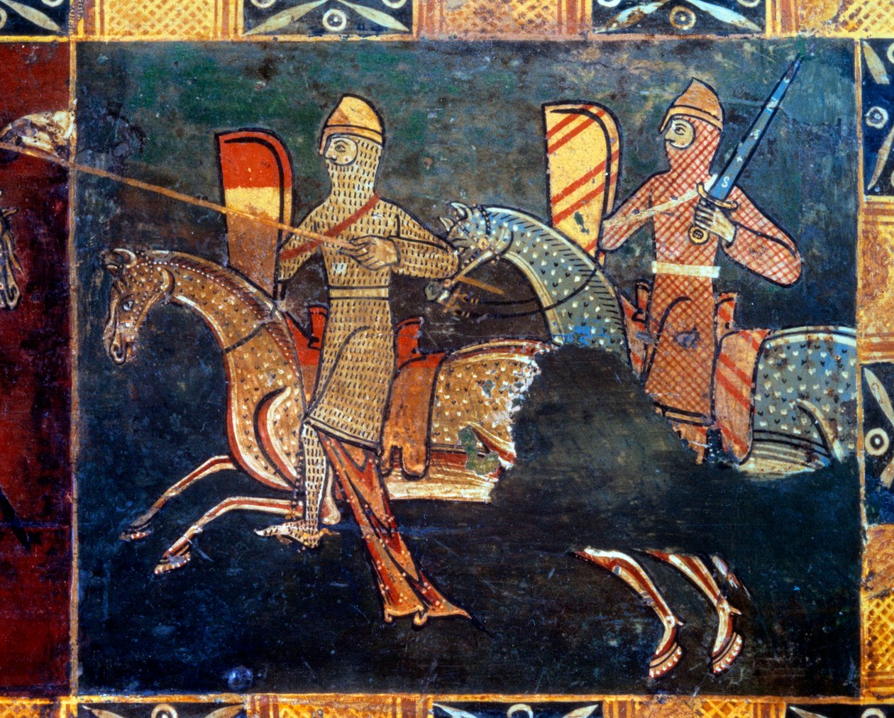 Dwóch rycerzy z boku siateczki idących na bitwę Detal dekoracji skrzynki ślubnej przedstawiający sceny z życia majestatycznego. XIV lub XV wiek. Vannes, muzeum Vannes autorstwa Unknown artist