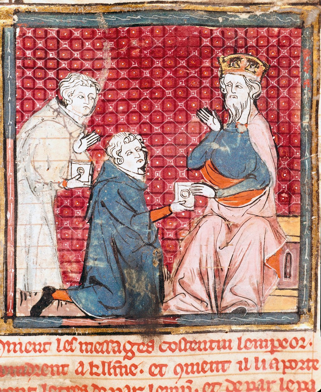 Dwóch posłańców ogłasza w Karolu Wielkim (742-814) zwycięstwo nad miniaturowymi Saracenami z „Grandes Chronicles de France”” 1375-1379 Biblioteka Miejska, Castres autorstwa Unknown artist