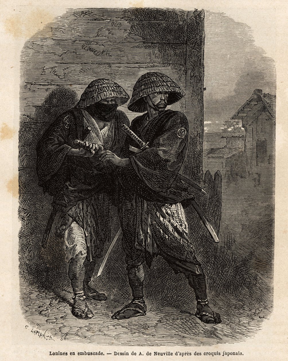 Dwóch roninów (samuraj po stracie swojego pana) stojących w zasadzce. Rycina ilustrująca podróż do Japonii w latach 1863-1864, autorstwa Aime Humberta, ministra Konfederacji Szwajcarskiej, w „Le tour du monde, nouveau journal des voyages”” wydanej na podst autorstwa Unknown artist