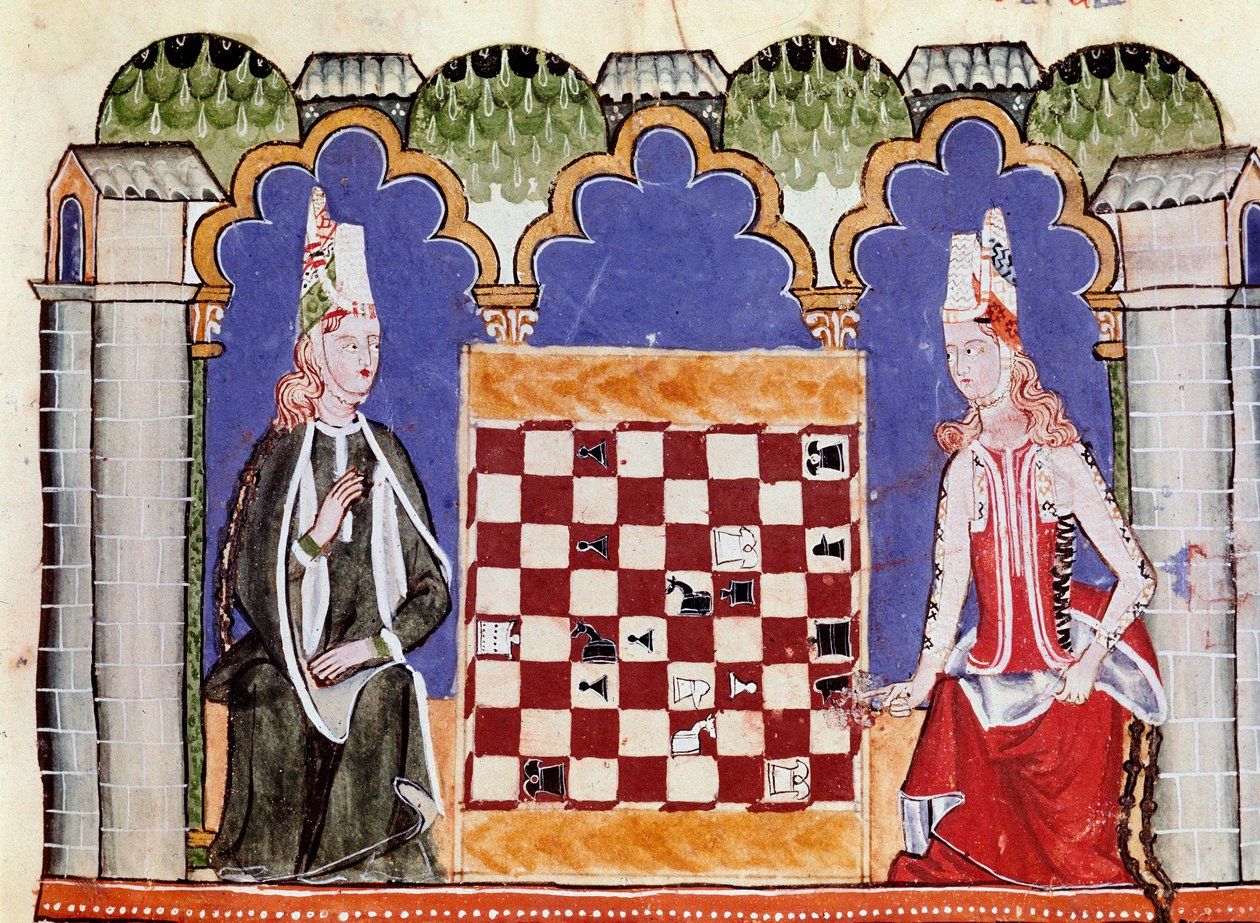 Dwie kobiety grające w szachy. Miniatura z rękopisu „Libro de los juegos” Alfonsa X Mądrego lub Savanta (po hiszpańsku Alfonso X el Sabio autorstwa Unknown artist