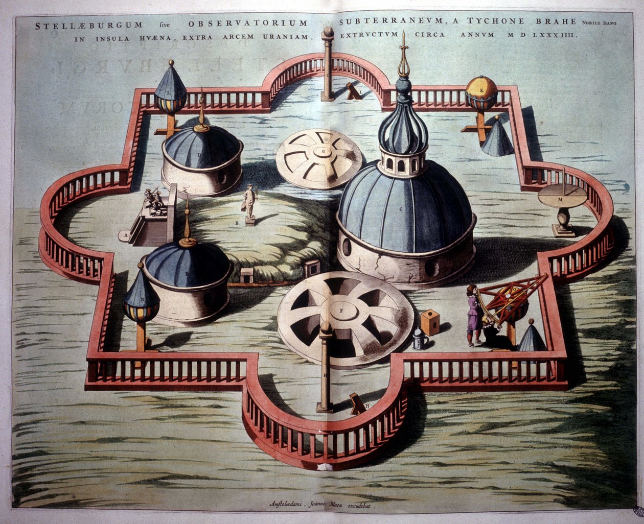 Obserwatorium „Sternburg” Tychona Brahe na duńskiej wyspie Hven nad Sundem (1584) - oparte na ówczesnej miedziorycie. „Atlas Novusa” autorstwa Unknown artist
