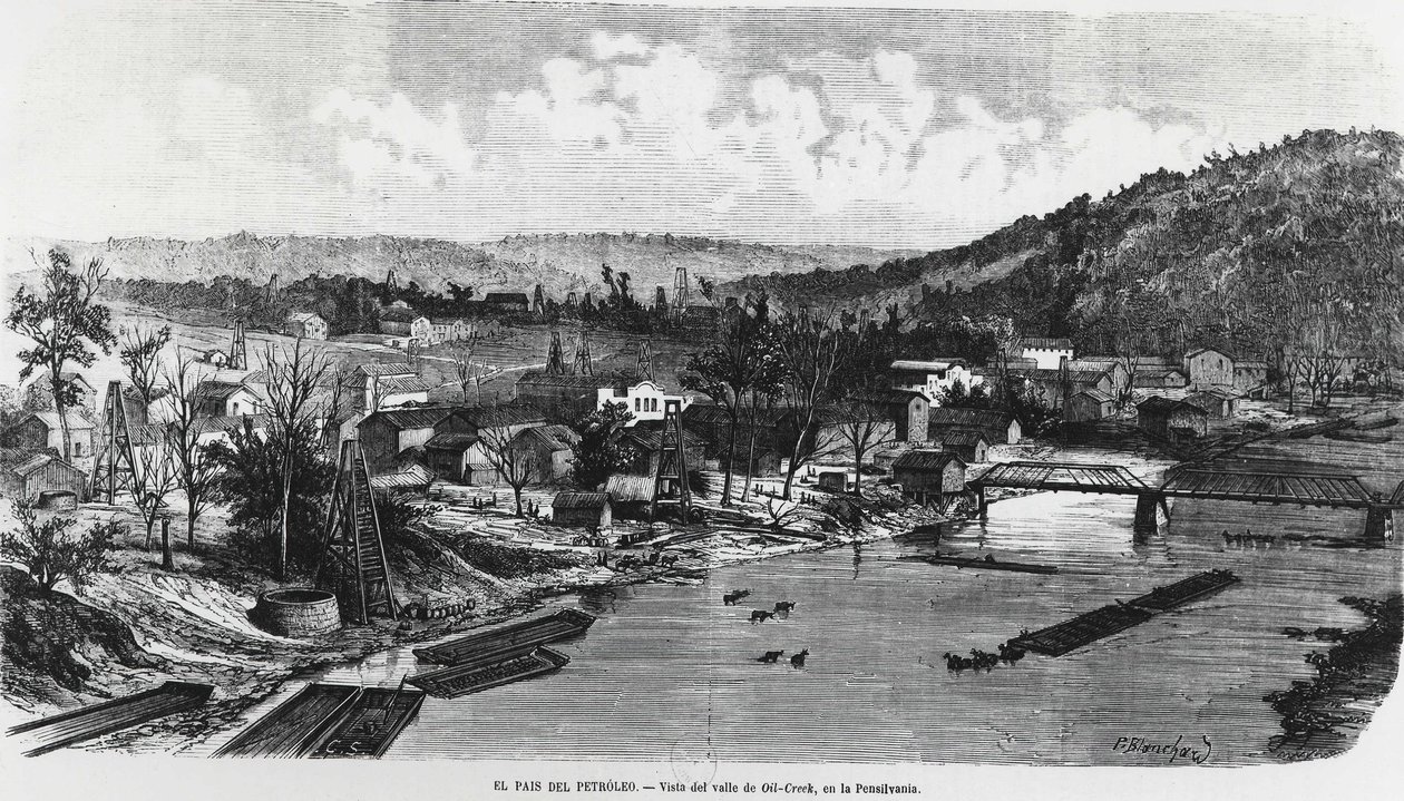 USA: Kraj naftowy w Pensylwanii, Oil Creek Valley. autorstwa Unknown artist