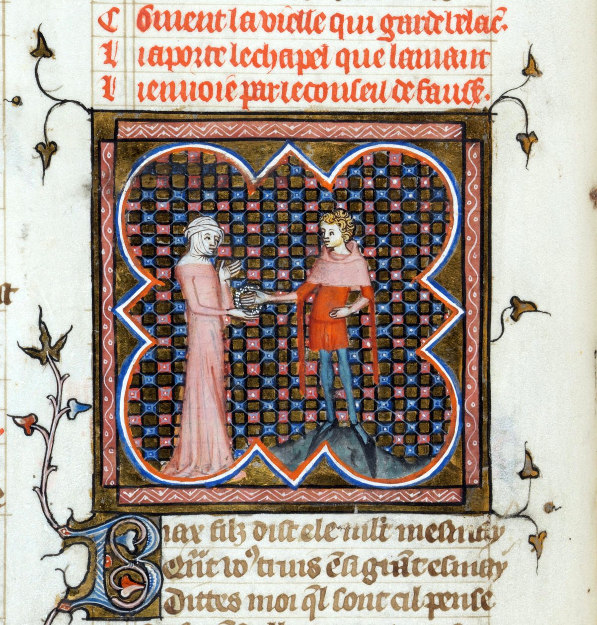 ""Młody mężczyzna i stara kobieta"" Podświetlana strona z rękopisu "Le Roman de la Rose" Guillaume de Lorris (około 1200-1238) i Jean de Meun (Meung) (1240-1305) około 1353 Szwajcaria Biblioteka Genewska autorstwa Unknown artist
